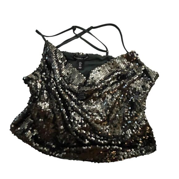 Sincerely Jules Sequin Crop Top – L – Deep Olive Green – NYE Party Glam – EUC - Picture 1 of 4